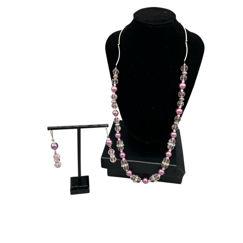 Vintage Pink Beaded Necklace & Earrings Set Glass Pearl Crystal